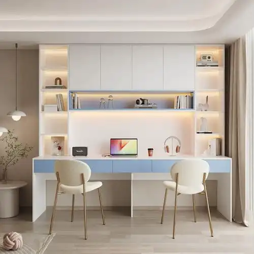 书房实木双人书桌轻奢现代学生家用书桌书架一体卧室写字台学习桌