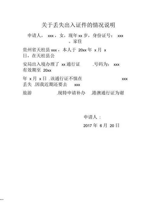 关于丢失出入证件的情况说明模板
