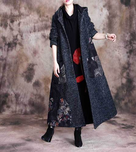 冬季文艺复古拼接大衣长款女过膝加厚保暖修身粗花连帽羊毛呢外套