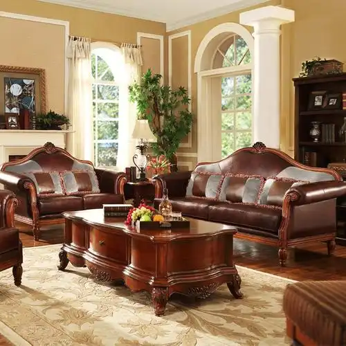 斯洛梵 家具美式实木雕花沙发 欧式客厅皮艺沙发组合2018s 三人
