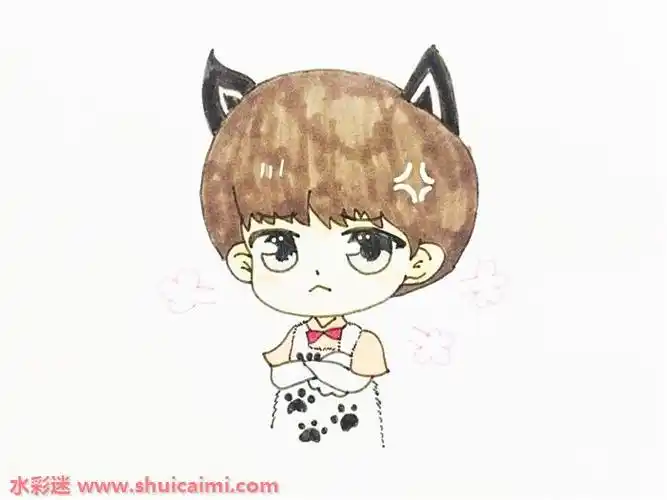 1,首先要画出易烊千玺的头发轮廓,顺着轮廓往下画出他的脸部线条与