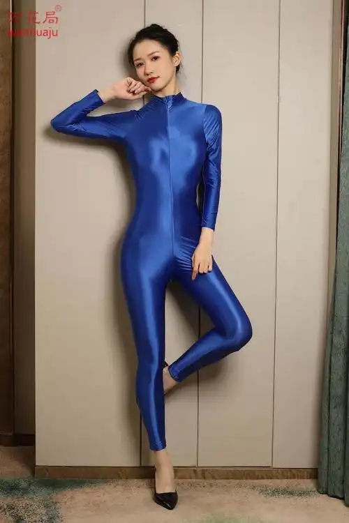 连身衣油亮柔滑丝滑长袖长裤双头拉链开裆连体衣女红色拉链开过裆连身