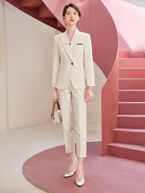 诗璐雅总裁西装套装女秋季气质女神洋气米白色时尚正装马甲三件套