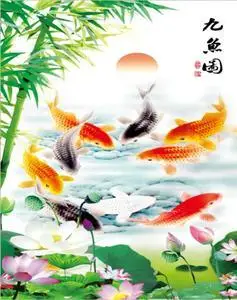 新款楼梯过道年年有余九鱼聚财挂画荷花鲤鱼玄关竹报平安装饰画芯