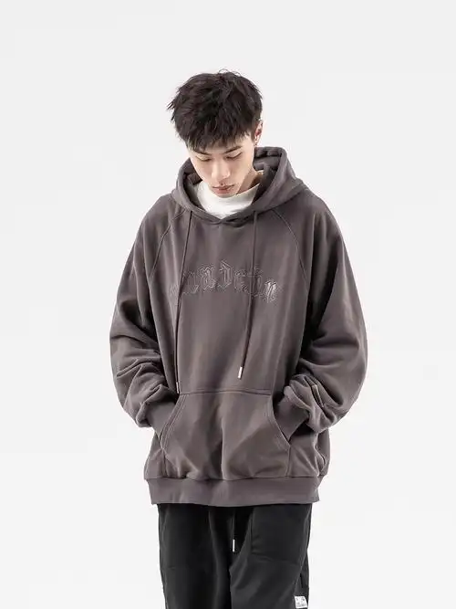 七号宇宙春季原创潮流美式复古字母刺绣宽松落肩连帽纯色卫衣男潮