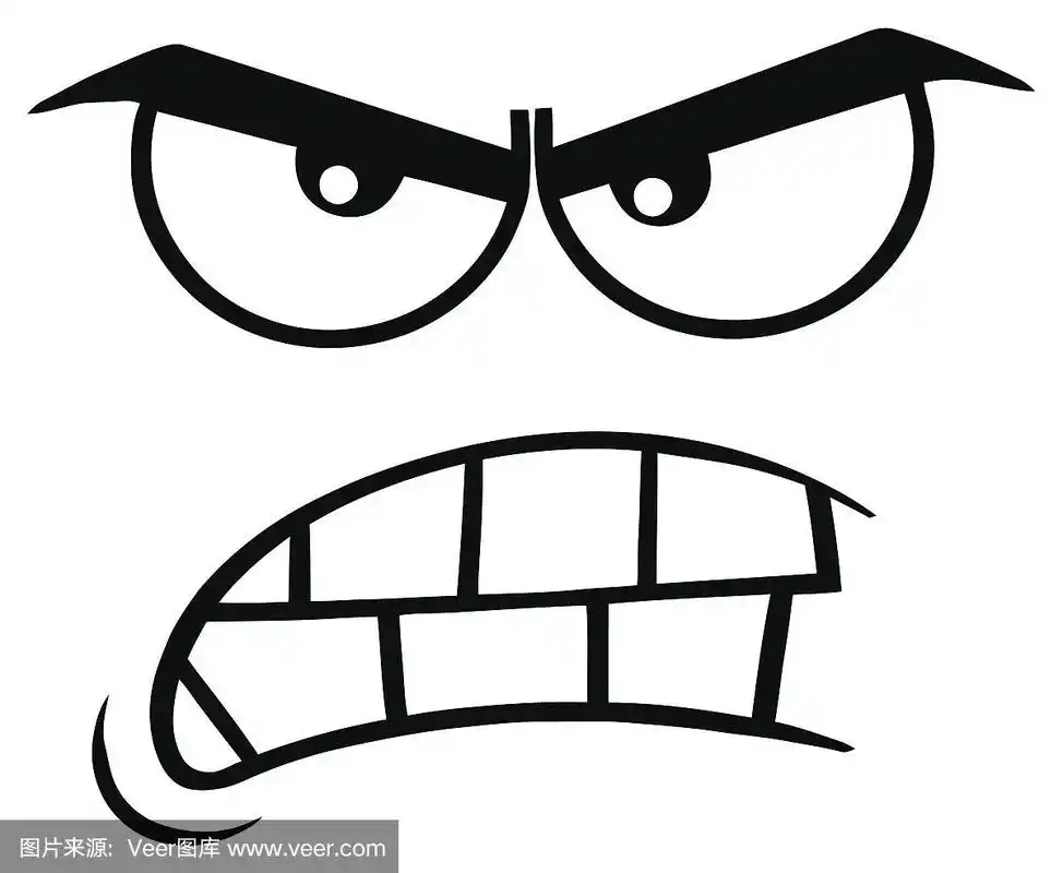 黑白攻击性卡通滑稽脸与愤怒的表情