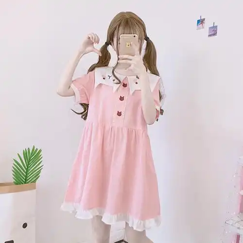 日系可爱裙子女夏装宽松海军风连衣裙学生洛丽塔萌系小清新娃娃裙lm