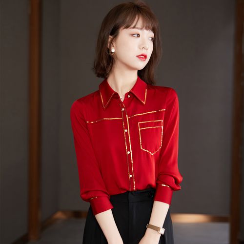 实拍◆有现货◆红色真丝衬衫女士2021春装新款高端长袖桑蚕丝p69