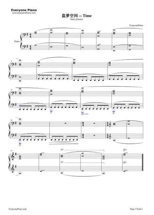 time-盗梦空间ost五线谱预览1-钢琴谱文件(五线谱,双手简谱,数字谱