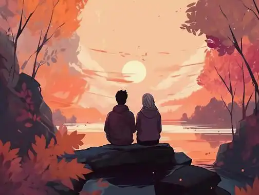 情侣紧挨着坐在一起的背影唯美浪漫情人节爱情双人手绘插画温馨氛围感