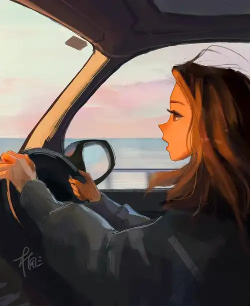 在黄昏的海边慢慢开车