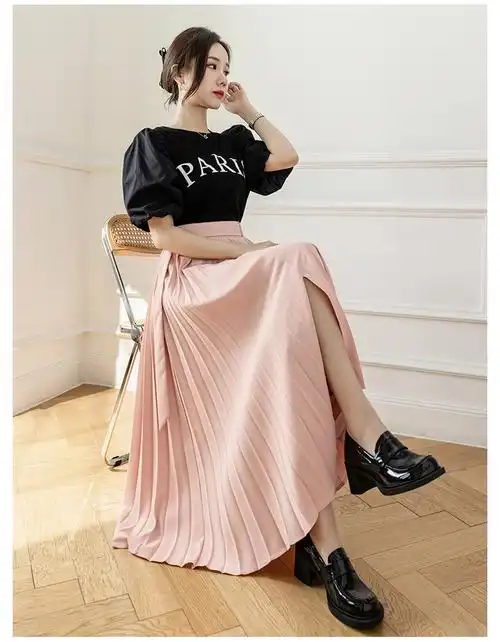 实拍韩国东大门2022新款粉色百褶裙子超a长款洋气中长款半身裙女 - 17