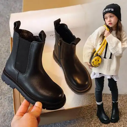 冬季高帮儿童马丁靴男童加绒保暖皮靴女童二棉靴子纯色简约童鞋子0