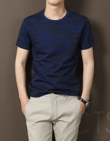 t恤男2018夏季新款冰丝无痕衣服丝光棉潮流圆领半袖体恤潮牌 深蓝色