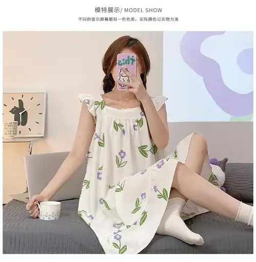 夏季新款睡衣女梭织泡泡皱布小飞袖睡裙舒适甜美可爱少女家居服 - 17