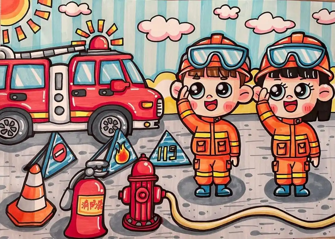 原创《向消防员致敬》儿童画 打卡16/50灵感来自幼儿园小朋友参观消防
