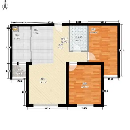 41㎡两室两厅一厨一卫户型