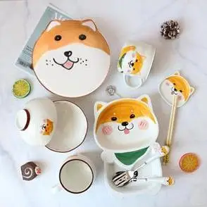 aimhui手绘釉下彩卡通萌犬陶瓷碗家用儿童早餐盘柴犬图案套装