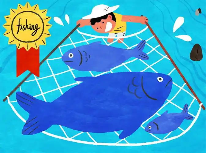 男孩用网捕鱼插画下载