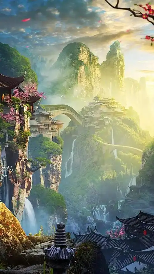 唯美 梦境 古风 山峦 晨曦 峭壁屋檐 鲜花