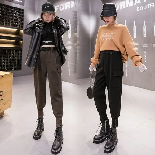 实拍女士高腰工装裤口袋束脚裤显瘦2020秋冬宽松毛呢休闲裤