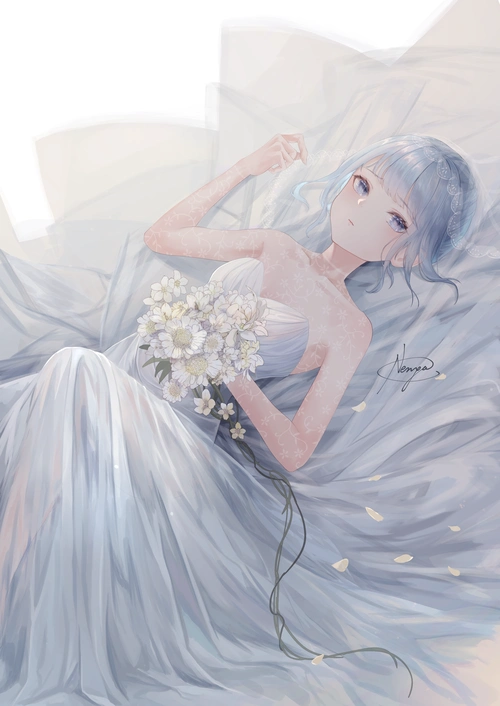 画师「稔也」作品欣赏:光影柔美,浅色系银发少女人物插画