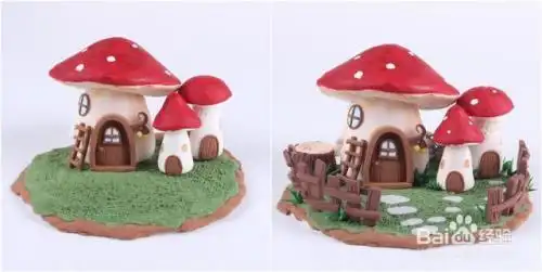 做一些其他的小蘑菇屋粘在一旁,然后做出栅栏,木桩等装饰并做好造型