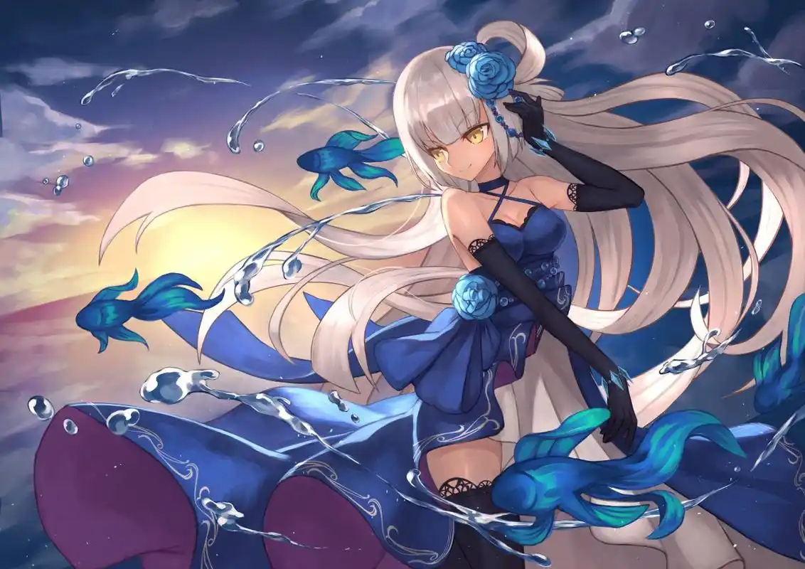 二次元 长发女子 蓝色裙子 长的黑色蕾丝手套 4k动漫图片,4k高清动漫