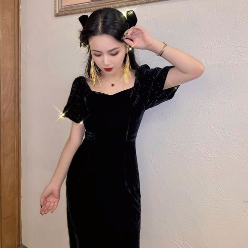 小个子高级质感黑色小晚礼服女2020新款法式赫本风年会丝绒礼服裙