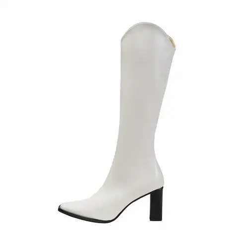 高跟骑士靴小个子高筒v口长靴女不过膝2020新款中筒白色靴子显瘦 - 康