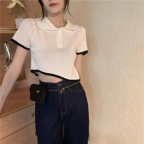 实拍不规则短袖t恤女夏季薄款polo领设计感小众露脐韩版短款上衣 39