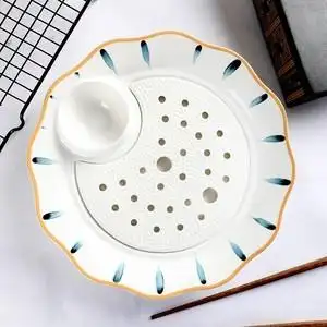 水饺盘子带醋碗多饺子盆沾酱碟子饺子托盘家用沥水饺子碟陶瓷