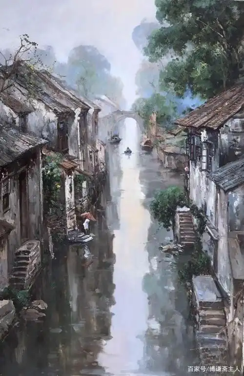 渐行渐远的美丽梦中江南水乡(油画)