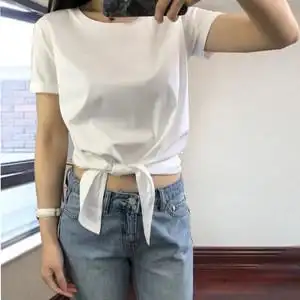 2021新款时尚百搭圆领纯色舒适短袖女上衣不规则下摆打结宽松t恤