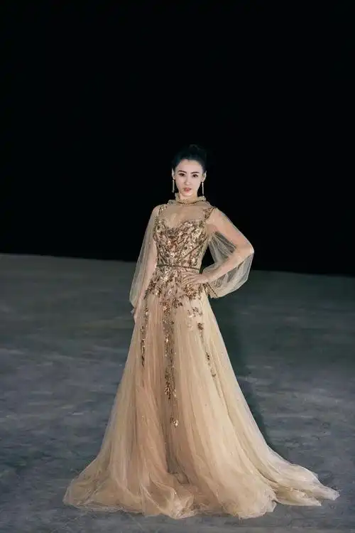 张柏芝穿金色薄纱仙花裙大秀香肩雪肤仙气十足