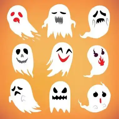 在幼稚的卡通的方式集中在深色背景上的白色鬼.