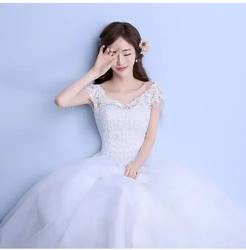 2016冬季新款白色新娘双肩齐地婚纱礼服韩式v领修身性感时尚简约