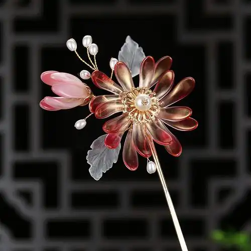 发簪古风简约菊花紫色水晶盘发汉服流苏古装发饰