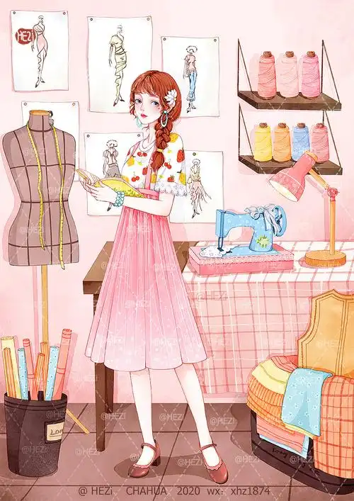 少女服装设计师(少女水彩插画)