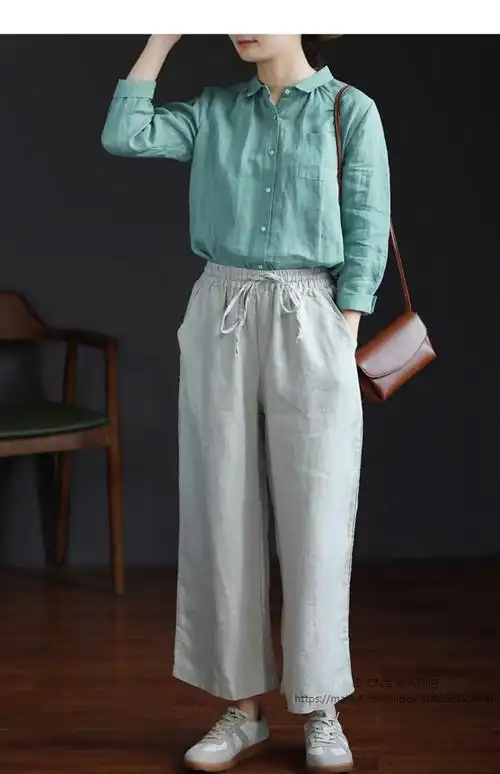 亚麻九分阔腿裤女装高腰垂感宽松麻色显瘦百搭休闲裤子麻本色亚麻m