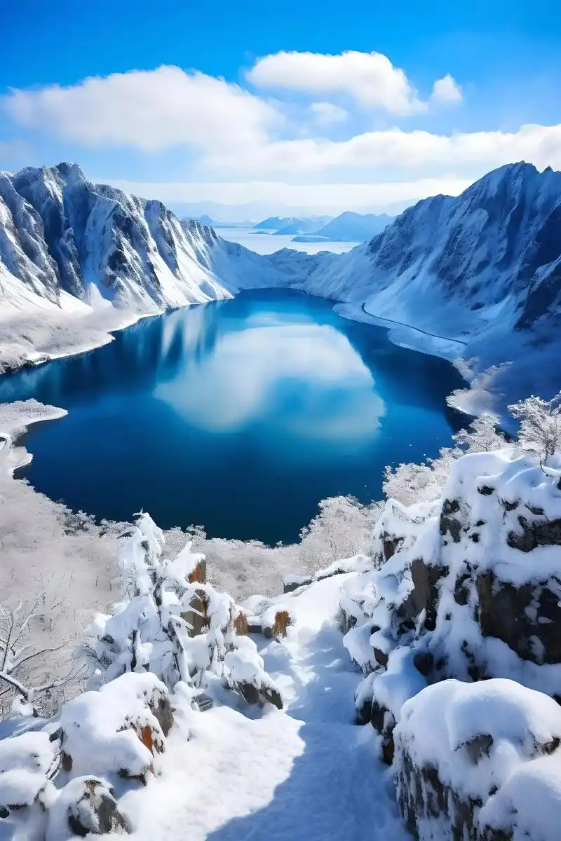 长白山被冰雪覆盖,形态万千,如画布一般.天池是这壮美景色的明 - 抖音