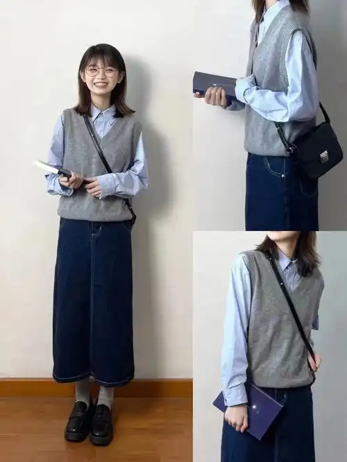 95百搭的蓝色长袖衬衫搭配灰色针织背心干净斯文,简约舒适,书卷气