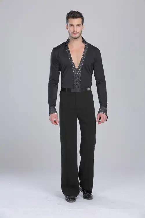 新款拉丁舞表演上衣男镶钻比赛服演出服立领深v领马蹄袖套头