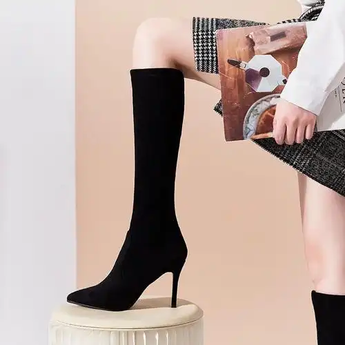 中筒靴女小个子长筒不过过膝长靴尖头高跟矮个弹力靴