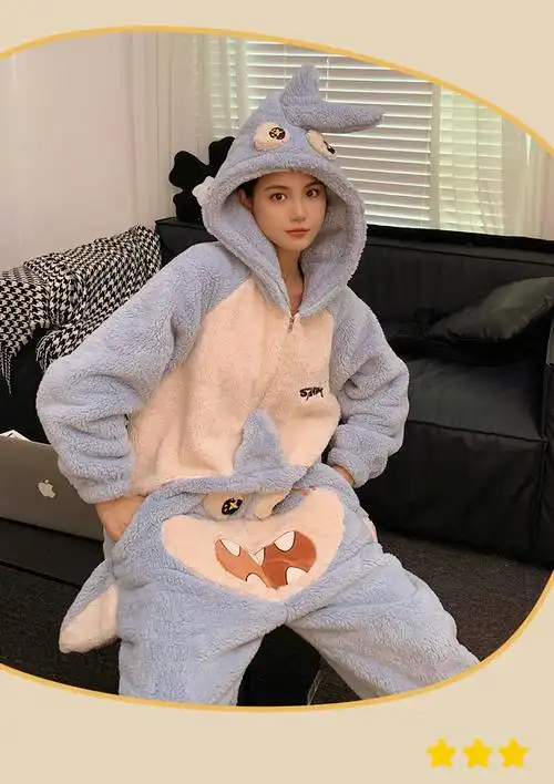 群文件冬季6,新款女士连体睡衣长毛绒卡通鲨鱼连体衣连帽家居服 - 17