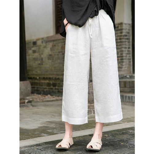 棉麻裤子女夏薄款白色亚麻阔腿裤宽松大码直筒休闲苎麻仙仙九分裤【5