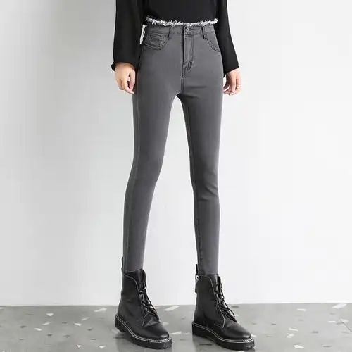 实拍高腰牛仔裤女士小脚显瘦显高秋装烟灰色紧身黑色女裤子