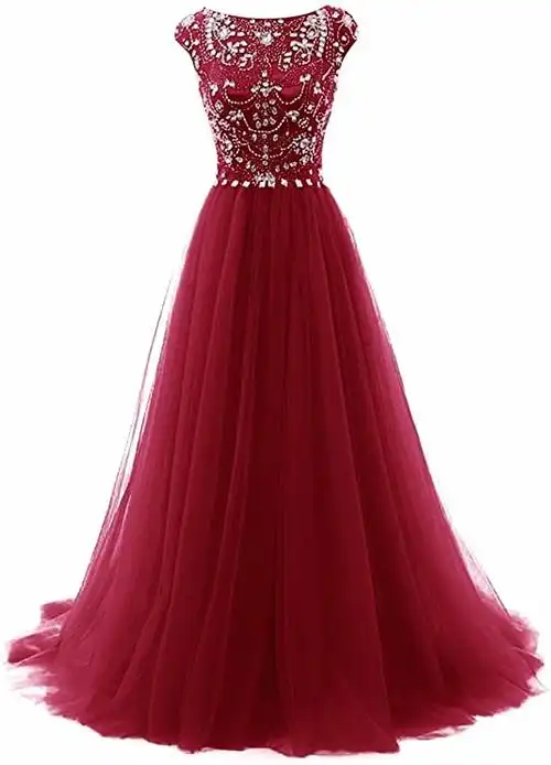 promworld 女式婚礼伴娘礼服盖袖水晶薄纱长款舞会礼服