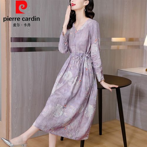 皮尔卡丹品牌女装 杭州素订品牌长袖棉麻连衣裙早秋装新款气质中长款