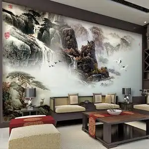 大型壁画 电视沙发客厅酒店中堂背景墙壁纸中式大气水墨国画山水